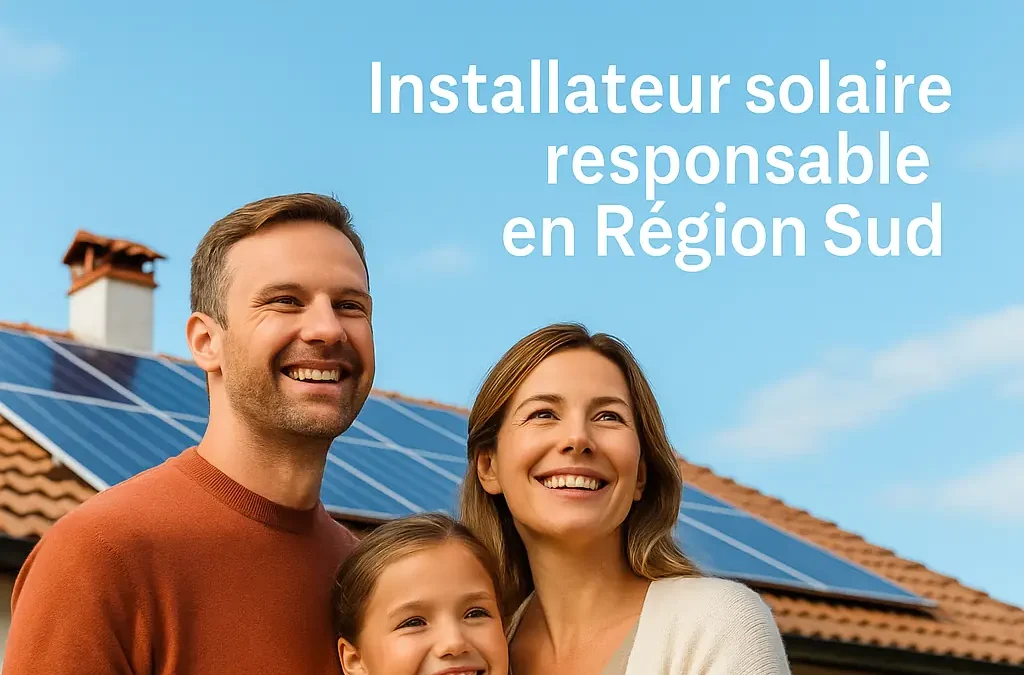 Famille souriante devant leur maison équipée de panneaux solaires sous un ciel bleu clair – preuve de l’engagement RSE de Sebalyo Solar en Région Sud.